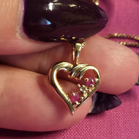 Ross Simons Ruby Diamond Heart Gold over Sterling Silver Pendant Necklace - Picture 7 of 8
